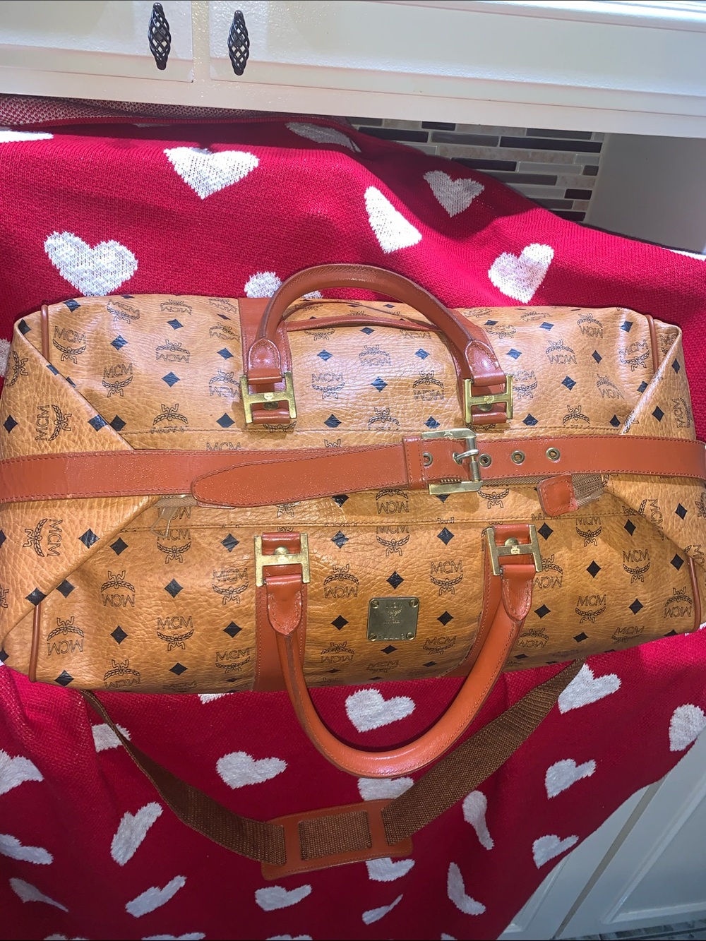 Bundle MCM Cognac Visetos Logo Duffel with Leather Trim With Free MCM Tote Made - Picture 9 of 16